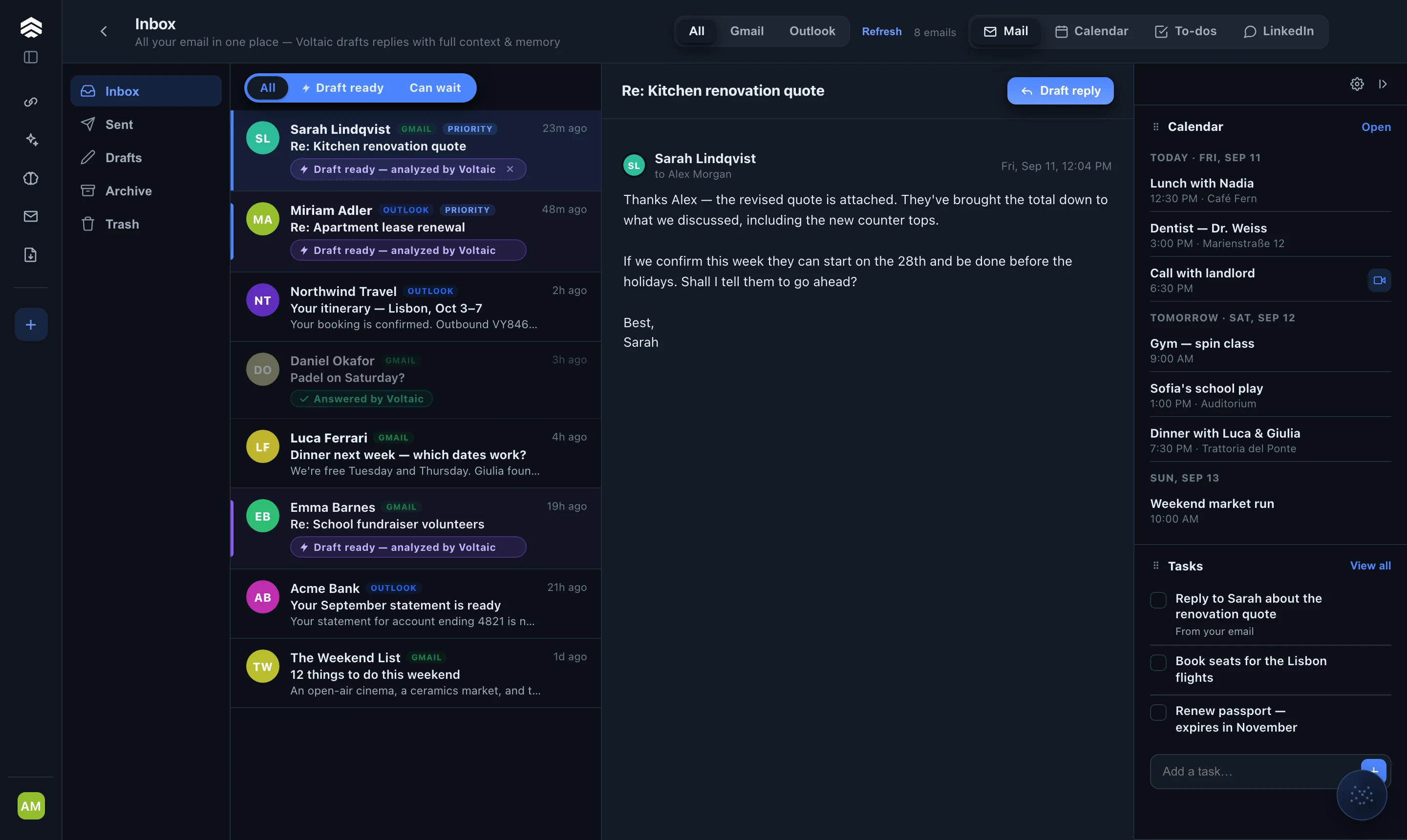 The Voltaic inbox: Gmail and Outlook in one list, replies pre-drafted by Voltaic, with your calendar and tasks alongside.